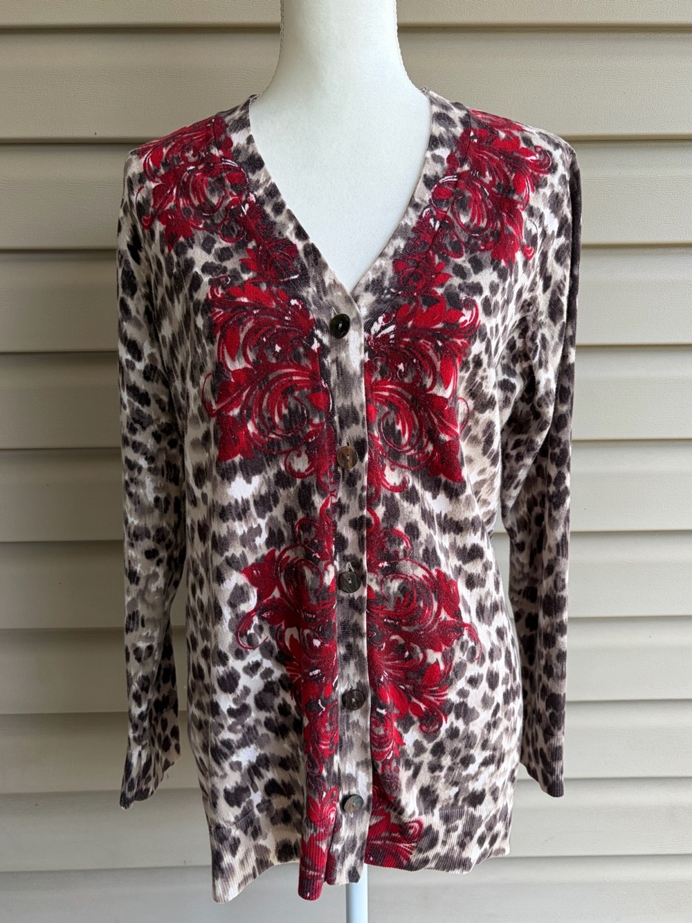 •Chico's• Leopard Red Paisley Floral Button Front Cardigan - Size 16 (Chico’s 3)